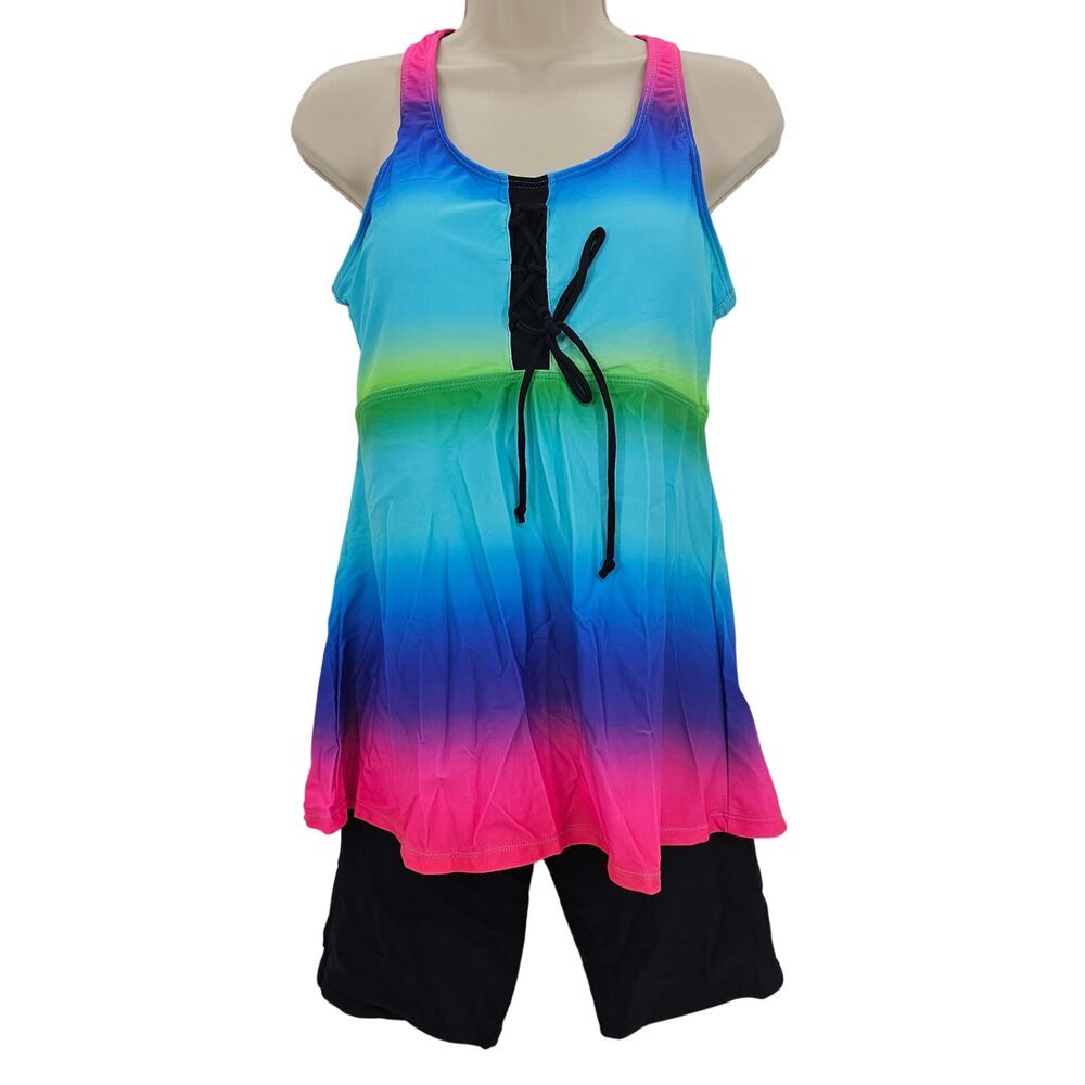 Lalagen Womans size 2XL Two Piece Tankini Boyshorts Swimsuit Rainbow Stripe NWOT